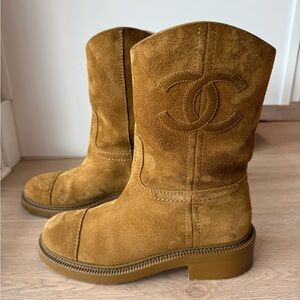 CHANEL Camel Suede Short Boots Size 38.5